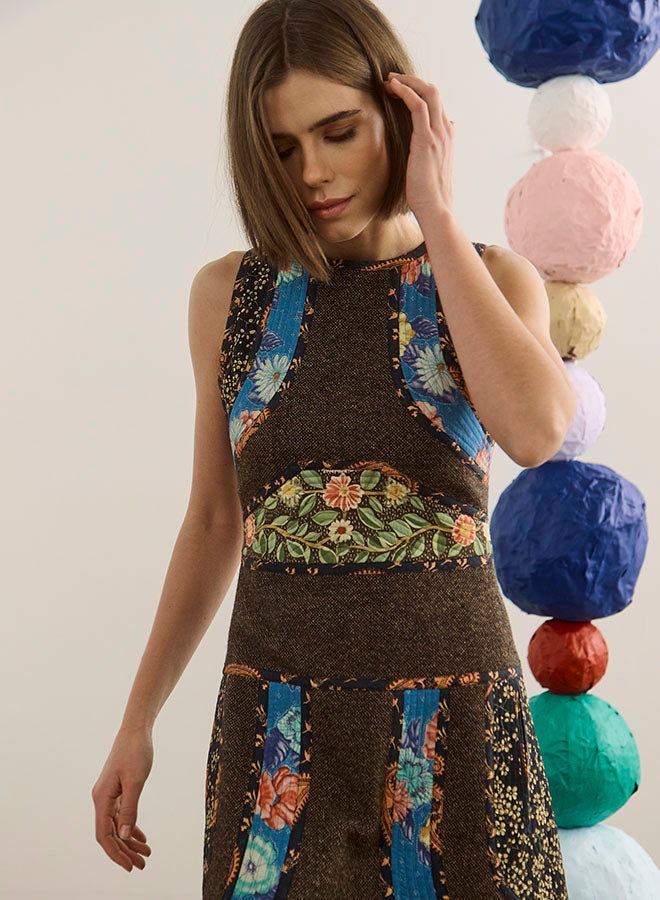 Model wearing Hunter Bell Moira Dress in High Country Tweed with colorful floral patchwork panels