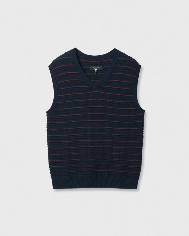 Navy knit sweater vest with red horizontal stripes and V-neckline