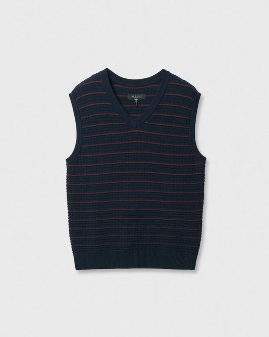 Navy knit sweater vest with red horizontal stripes and V-neckline
