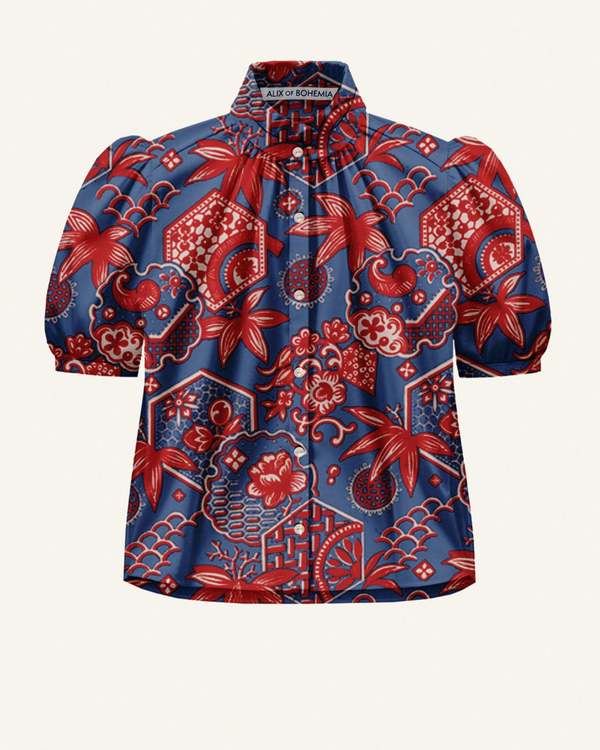 Blue puffed sleeve shirt with red paisley and floral print pattern