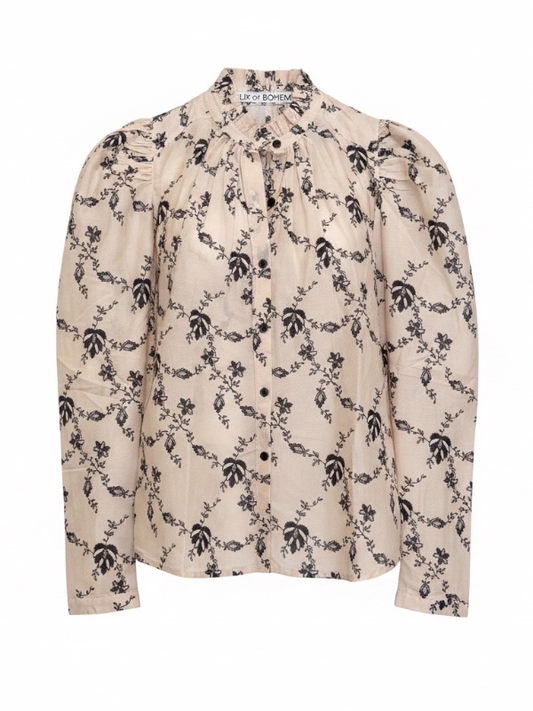 Alix of Bohemia Artemis Shadow Lace Shirt in off-white with black floral vine print and puffed sleeves