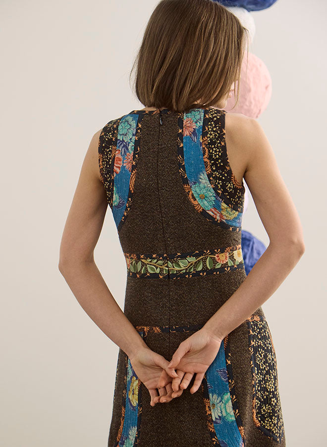Back view of Hunter Bell Moira Dress in High Country Tweed with colorful floral panels