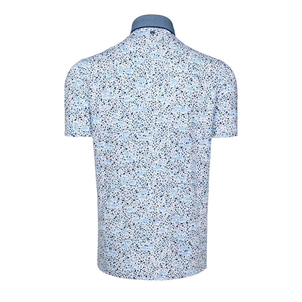 Back view of Greyson Buffalo Soldier polo in Arctic colorway with blue terrazzo print