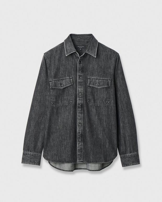 Rag & Bone dark washed black denim CPO shirt with dual chest pockets and contrast stitching
