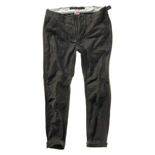 Relwen Supply Pant in dark smoke olive green with rolled cuffs and zipper fly