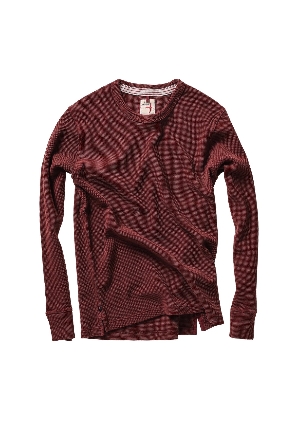 Relwen Bi-Waffle Crew long sleeve thermal shirt in deep burgundy red with waffle knit texture