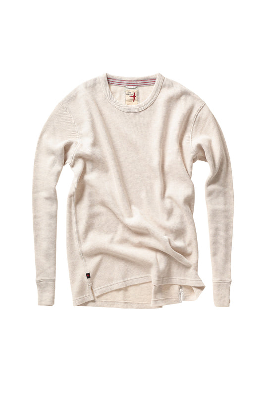 Relwen Oatmeal Heather Cotton Bi-Waffle Crewneck long-sleeve thermal shirt on white background