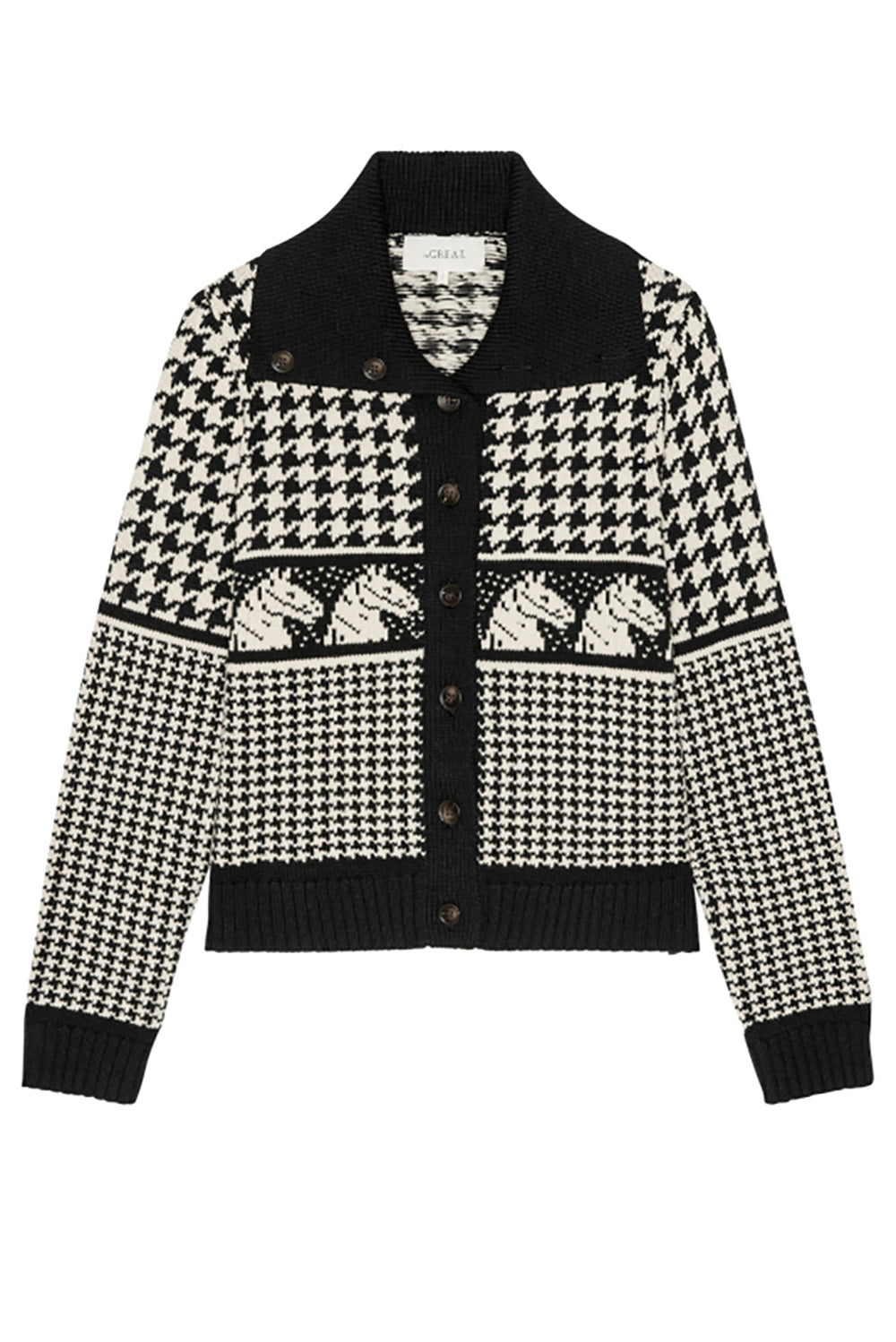 The Great Pony Cardigan in black and cream houndstooth with horse motif detail