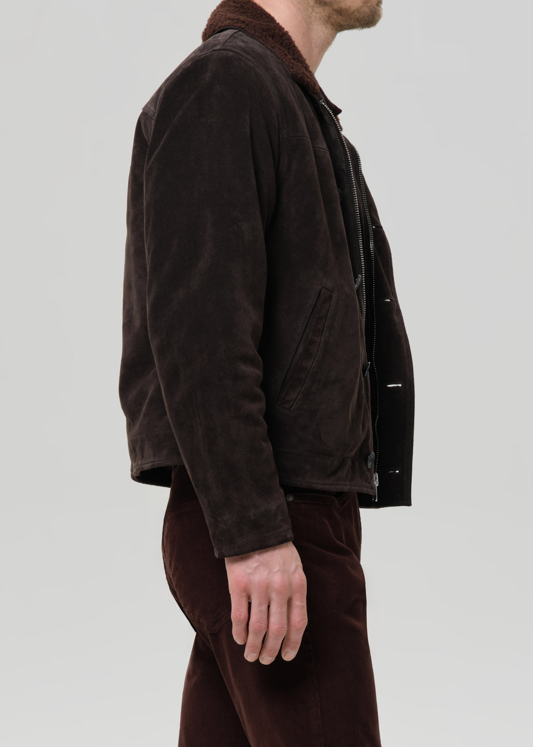 Side view of Citizens of Humanity Deck Suede Jacket in dark brown with sherpa collar