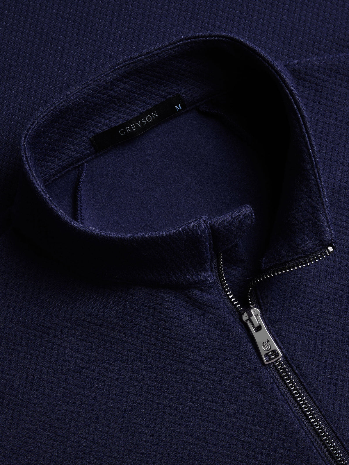 Greyson Troy Quarter-Zip in Maltese Blue, detail view showing collar and silver zipper