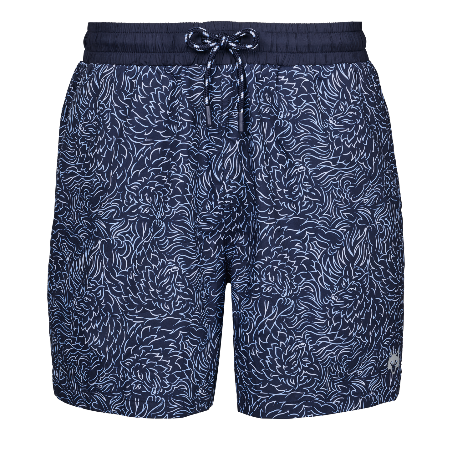 Navy blue swim shorts with white floral pattern and drawstring waistband