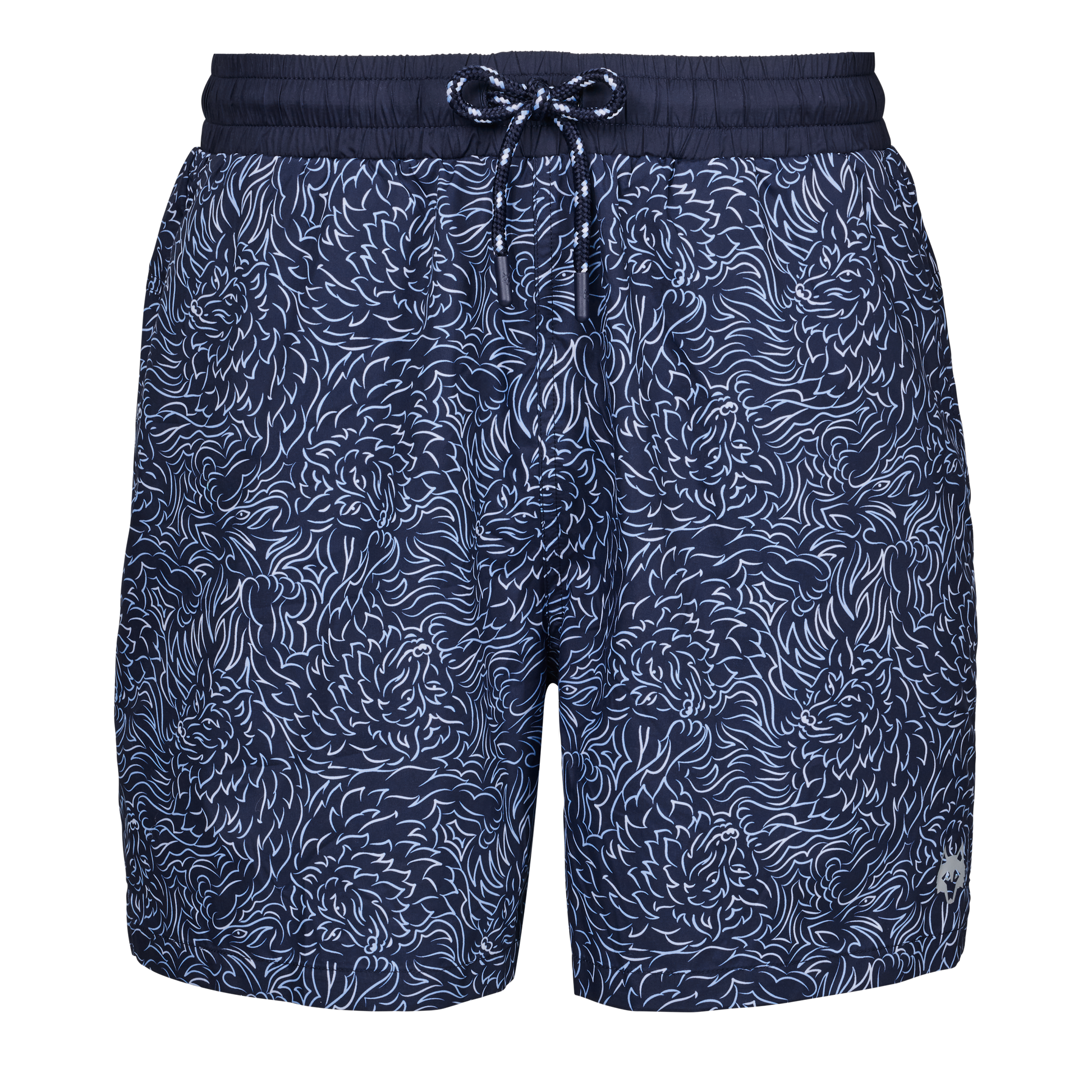 Navy blue swim shorts with white floral pattern and drawstring waistband