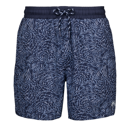 Navy blue swim shorts with white floral pattern and drawstring waistband