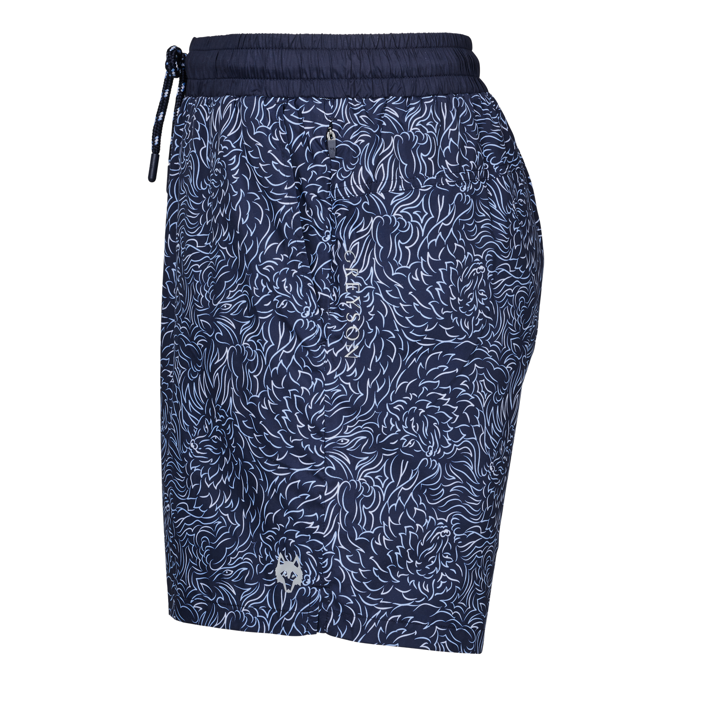 Navy blue swim shorts with intricate white floral line art pattern and elastic waistband