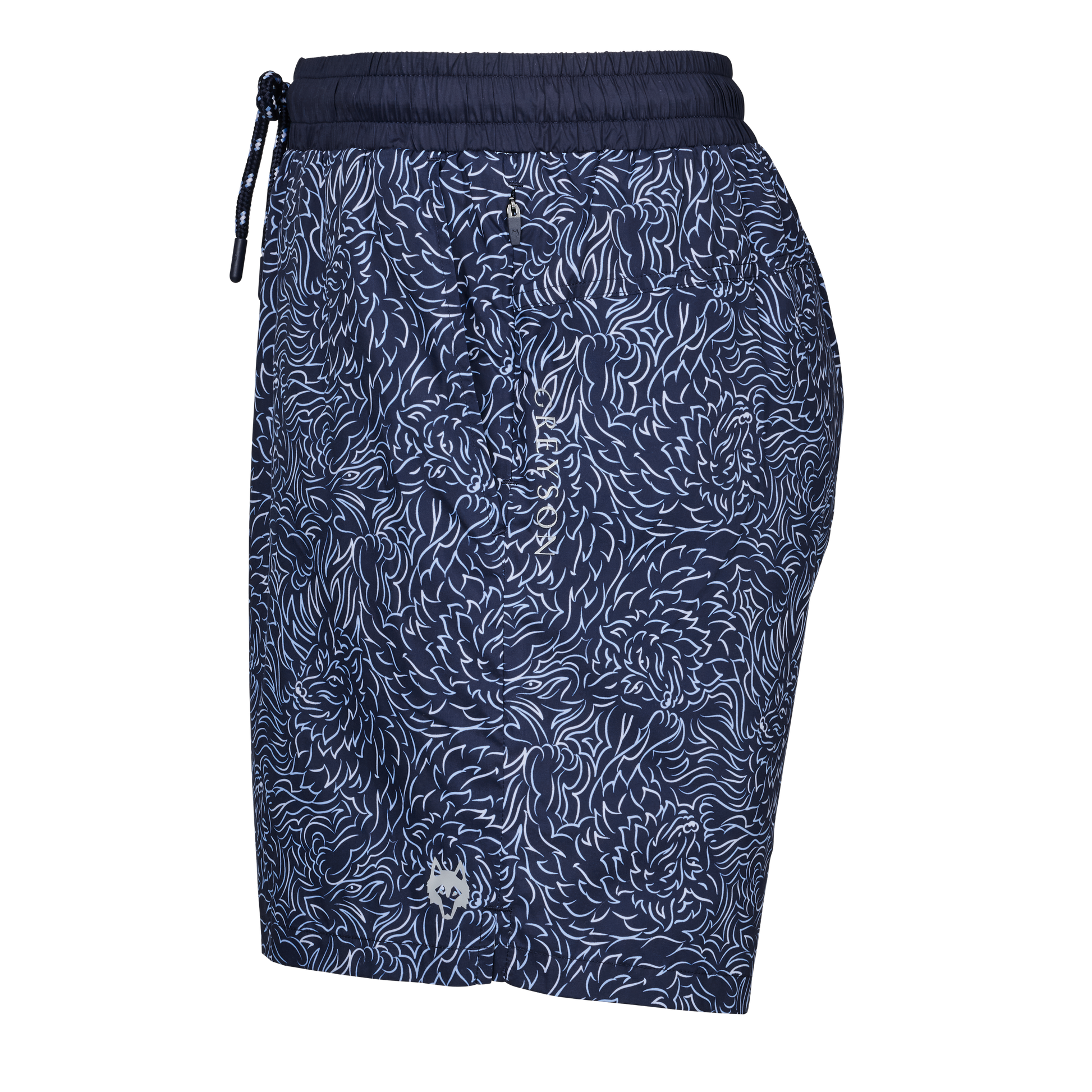 Navy blue swim shorts with intricate white floral line art pattern and elastic waistband