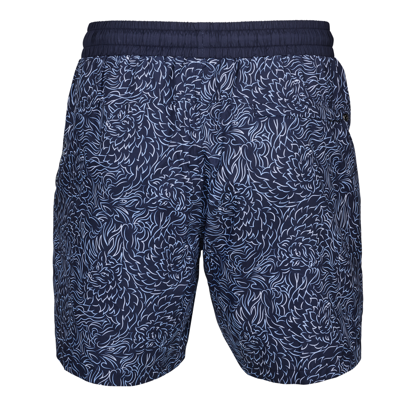 Navy blue swim shorts with white abstract swirl pattern and elastic waistband