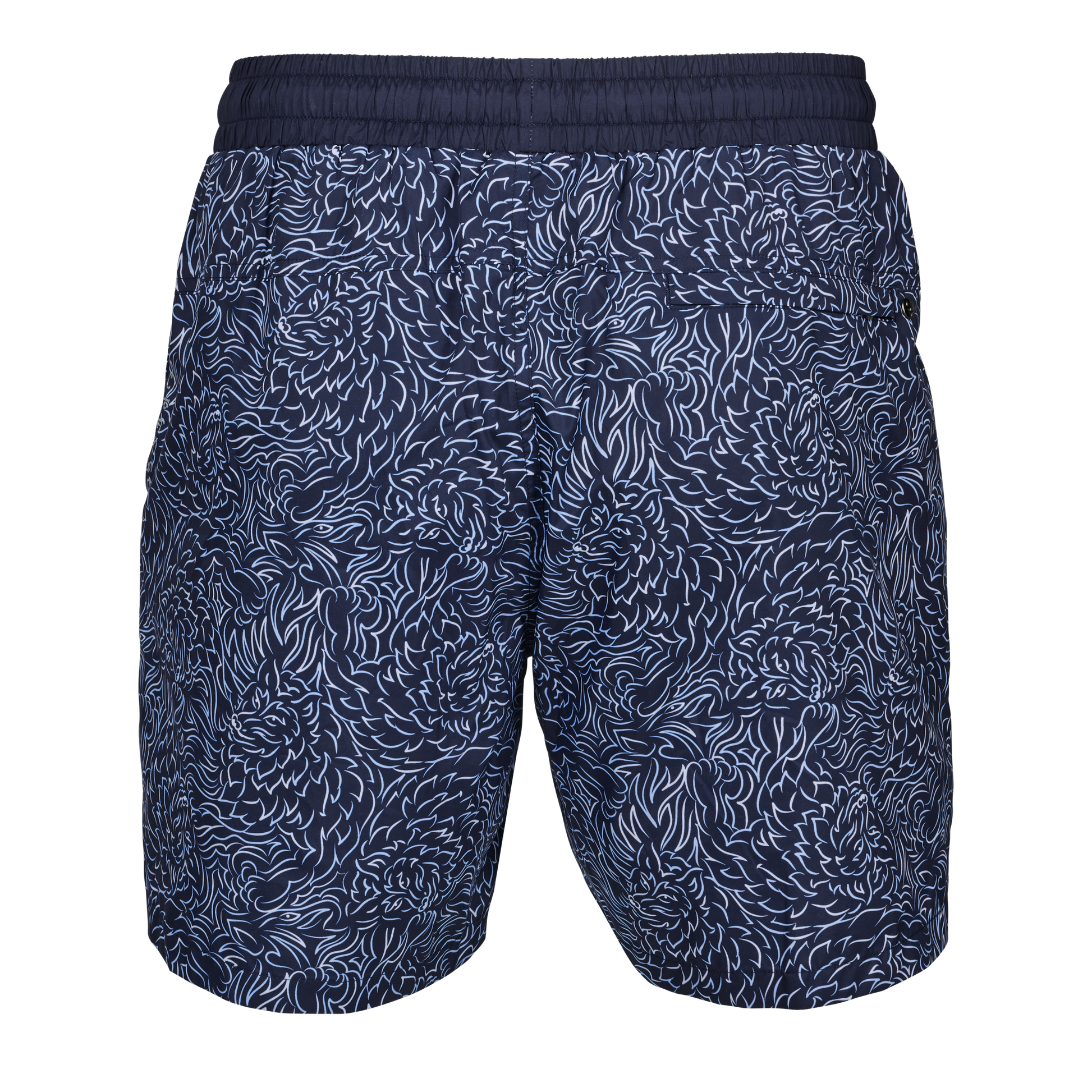 Navy blue swim shorts with white abstract swirl pattern and elastic waistband
