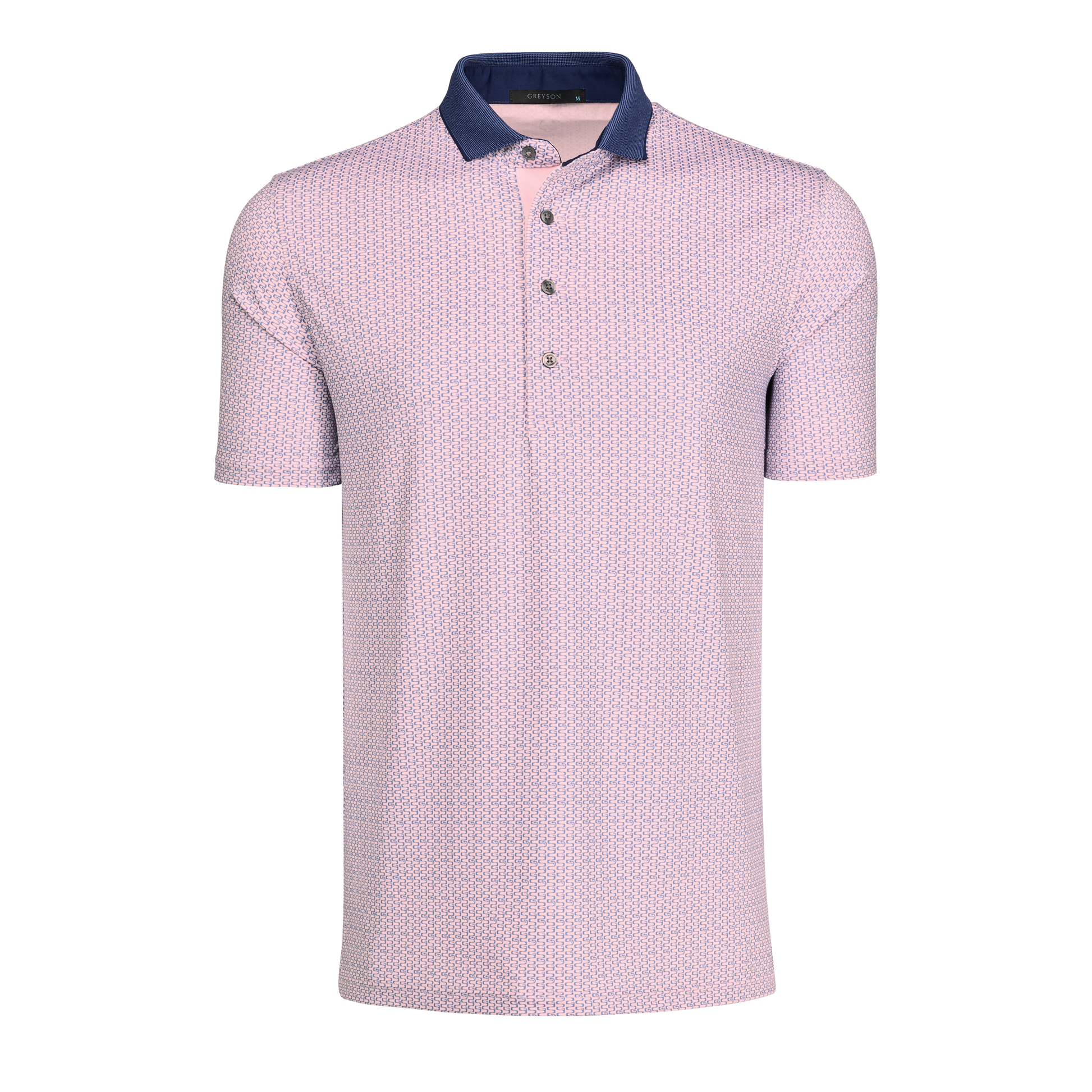 Pink polo shirt with small pattern and navy collar on white background