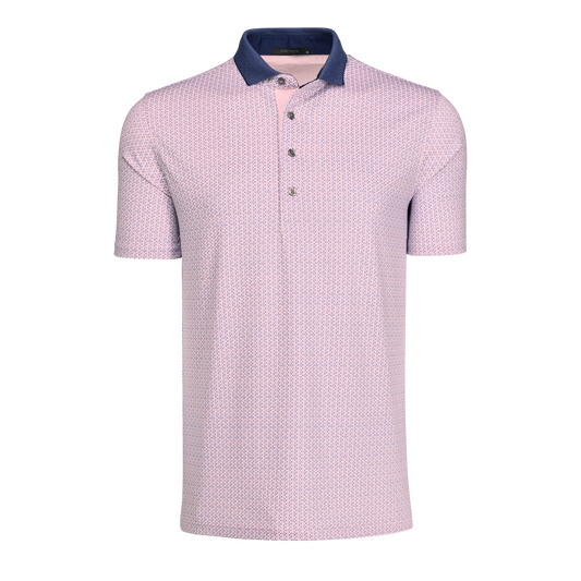 Pink polo shirt with small pattern and navy collar on white background