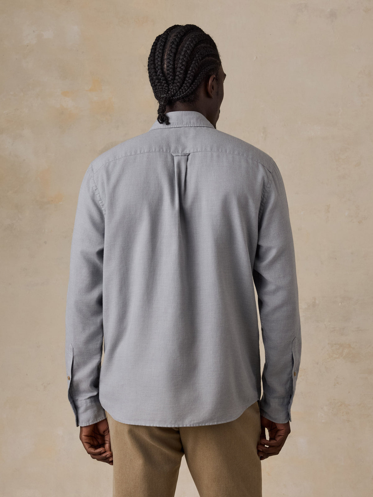 Back view of Faherty Timberline Brushed Twill Shirt in Mineral Grey on male model