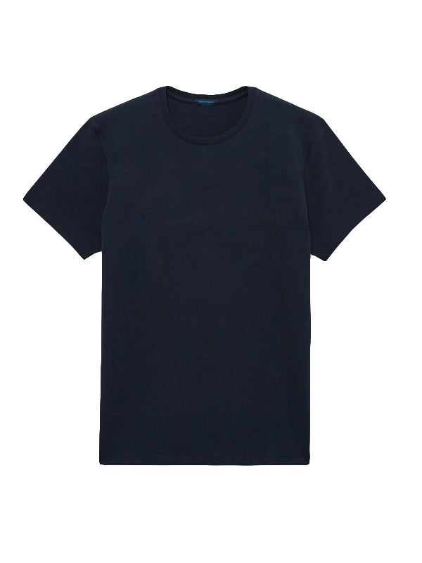 Navy blue crew neck t-shirt displayed on white background