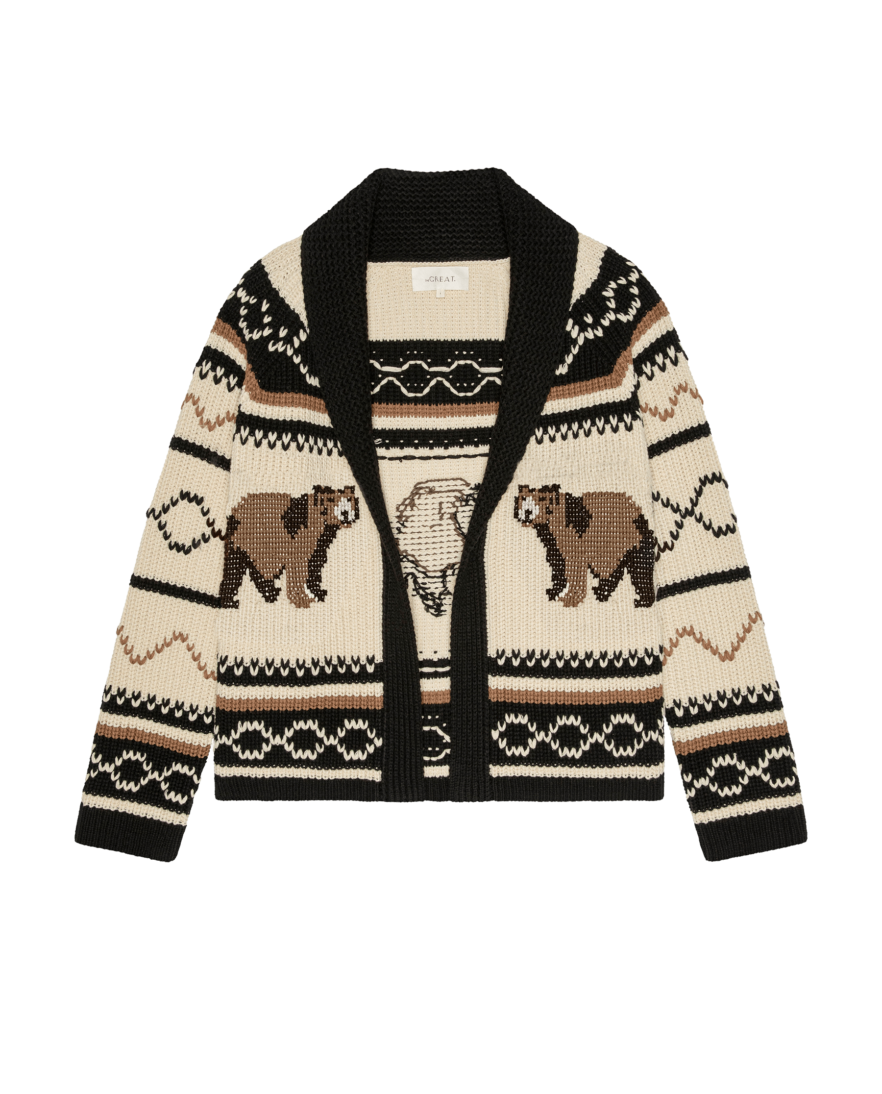 The GREAT Bear Lodge Cardigan in black with intarsia bear motif and Fair Isle pattern