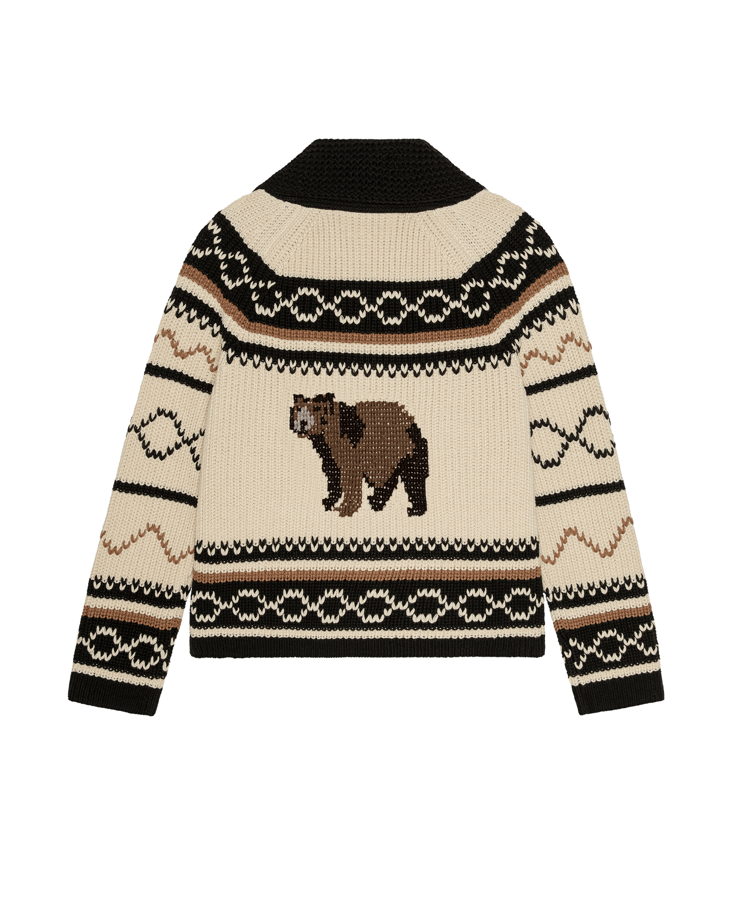 The GREAT Bear Lodge Cardigan in black and cream with intarsia bear motif and Fair Isle patterns
