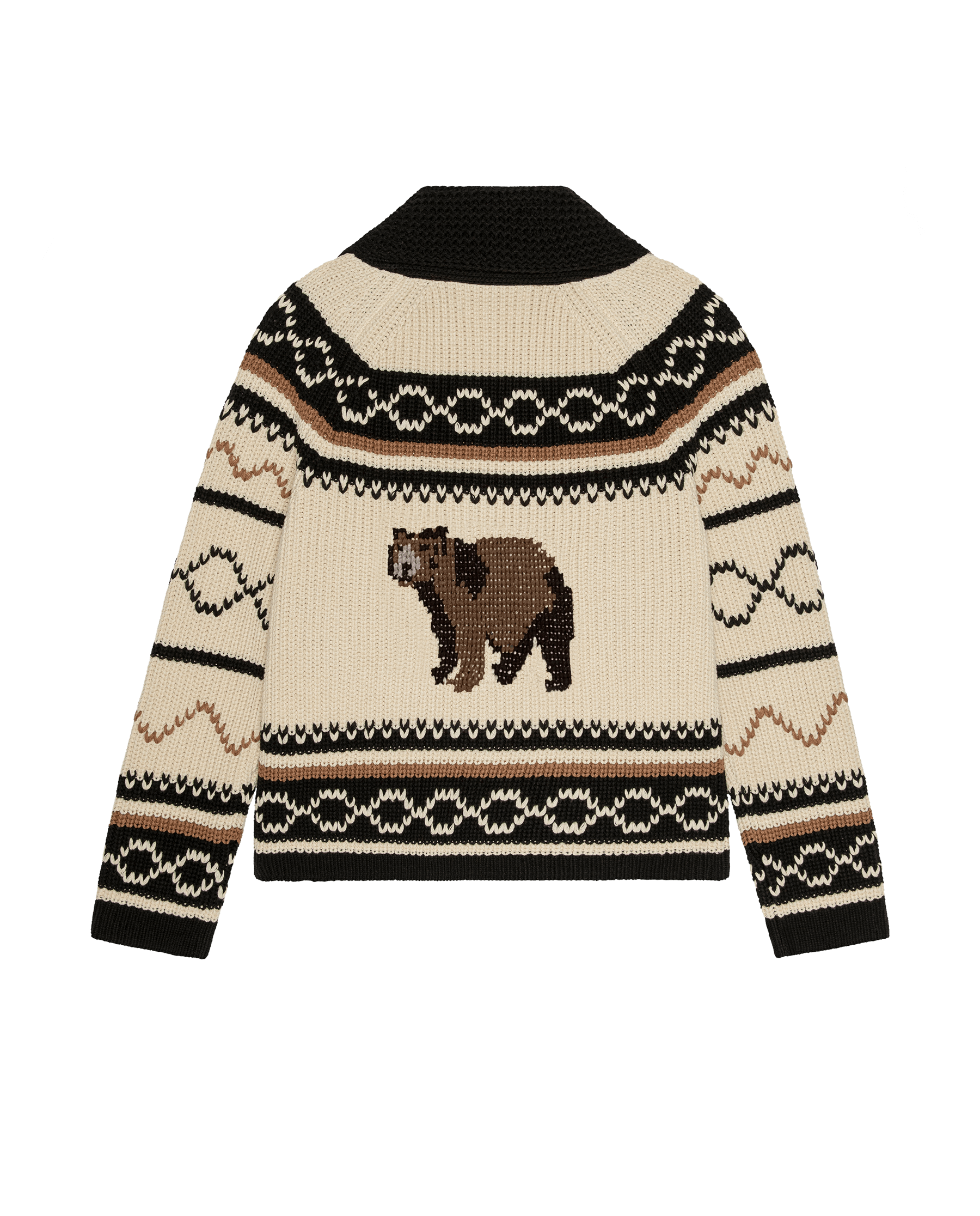 The GREAT Bear Lodge Cardigan in black and cream with intarsia bear motif and Fair Isle patterns