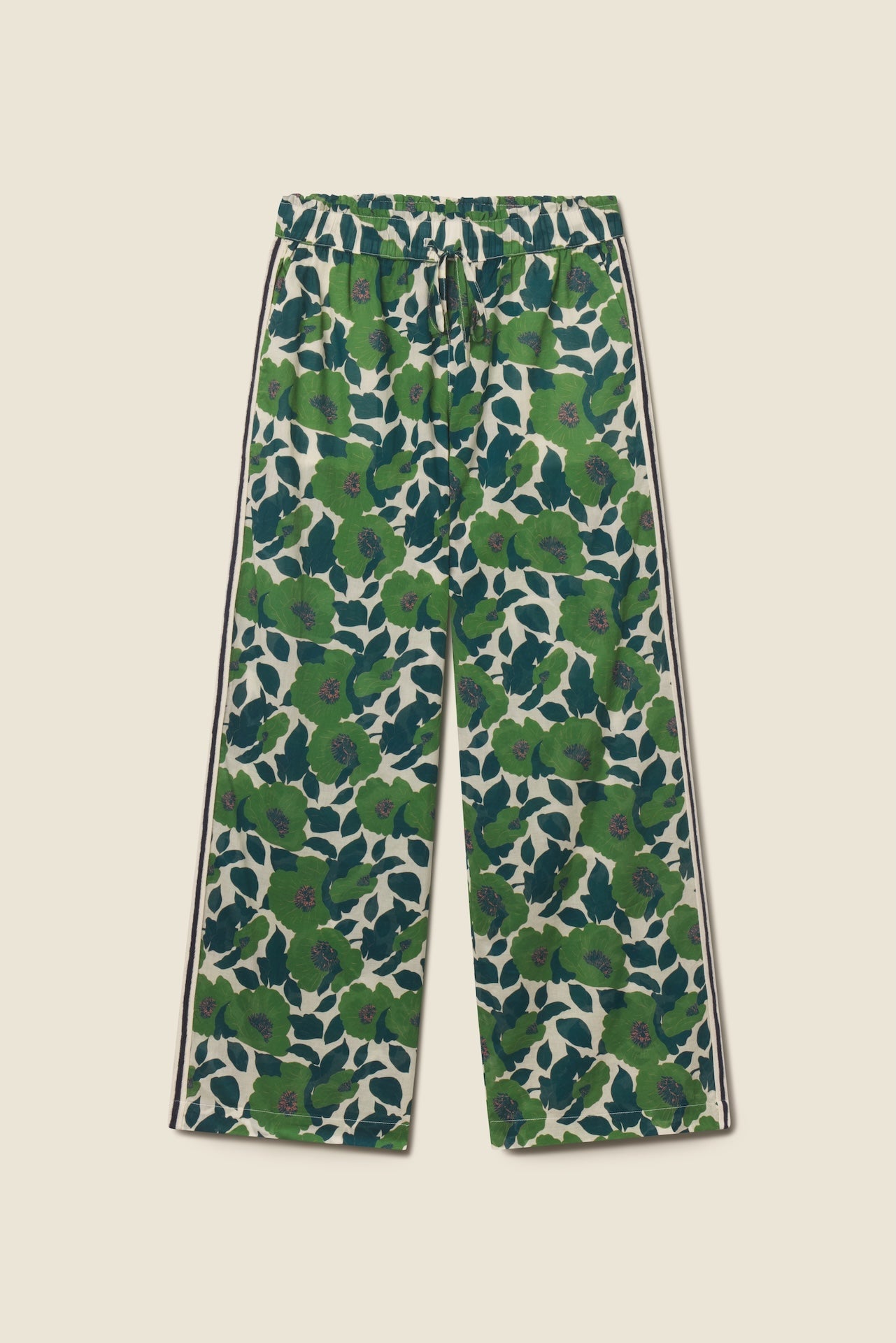 Green floral print wide leg pants with elastic waistband and side stripes
