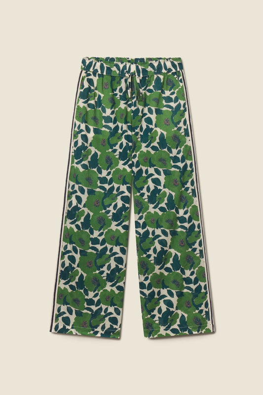 Green floral print wide leg pants with elastic waistband and side stripes