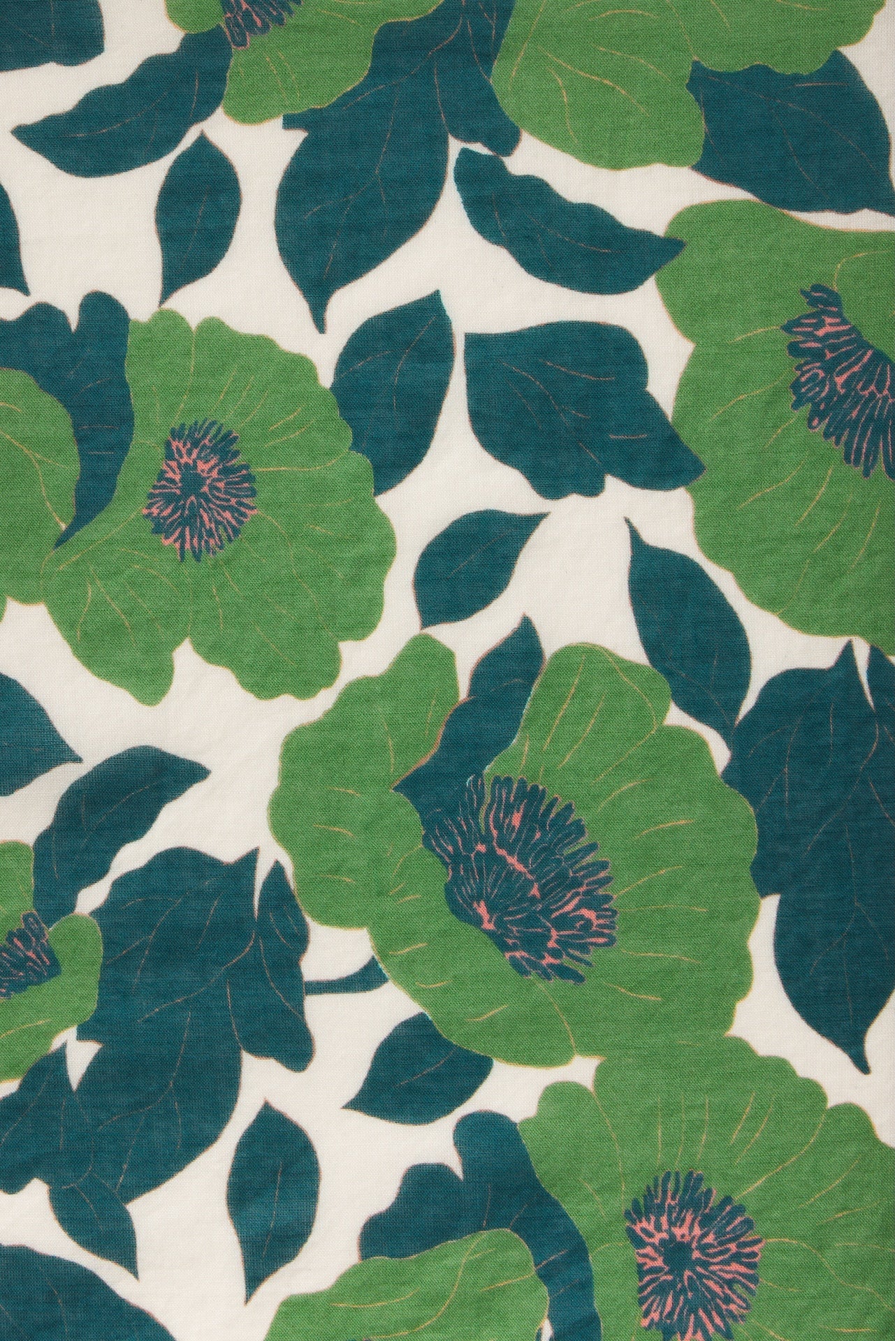 Green and teal floral fabric swatch with large blooms and leaves on cream background