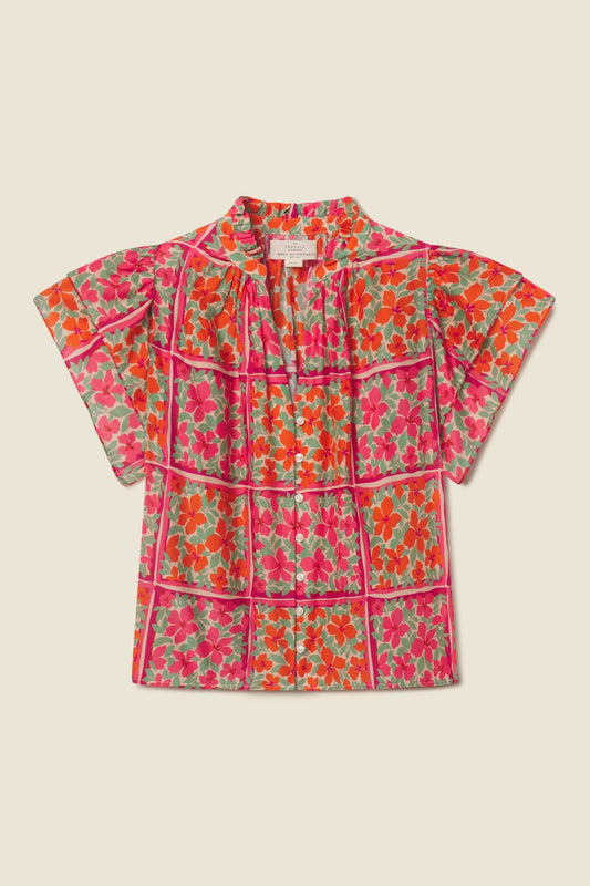 Colorful floral short sleeve blouse with vibrant pink and orange flowers on light background