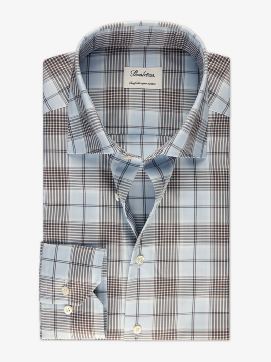 Stenstroms Fitted LS Shirt Lt Blue/Brown Check