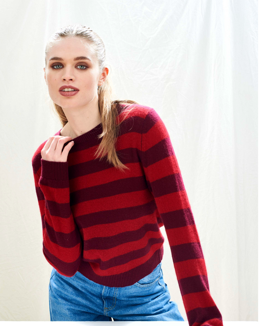 Jumper Stripe Cashmere Crew Burgundy/Dull Red