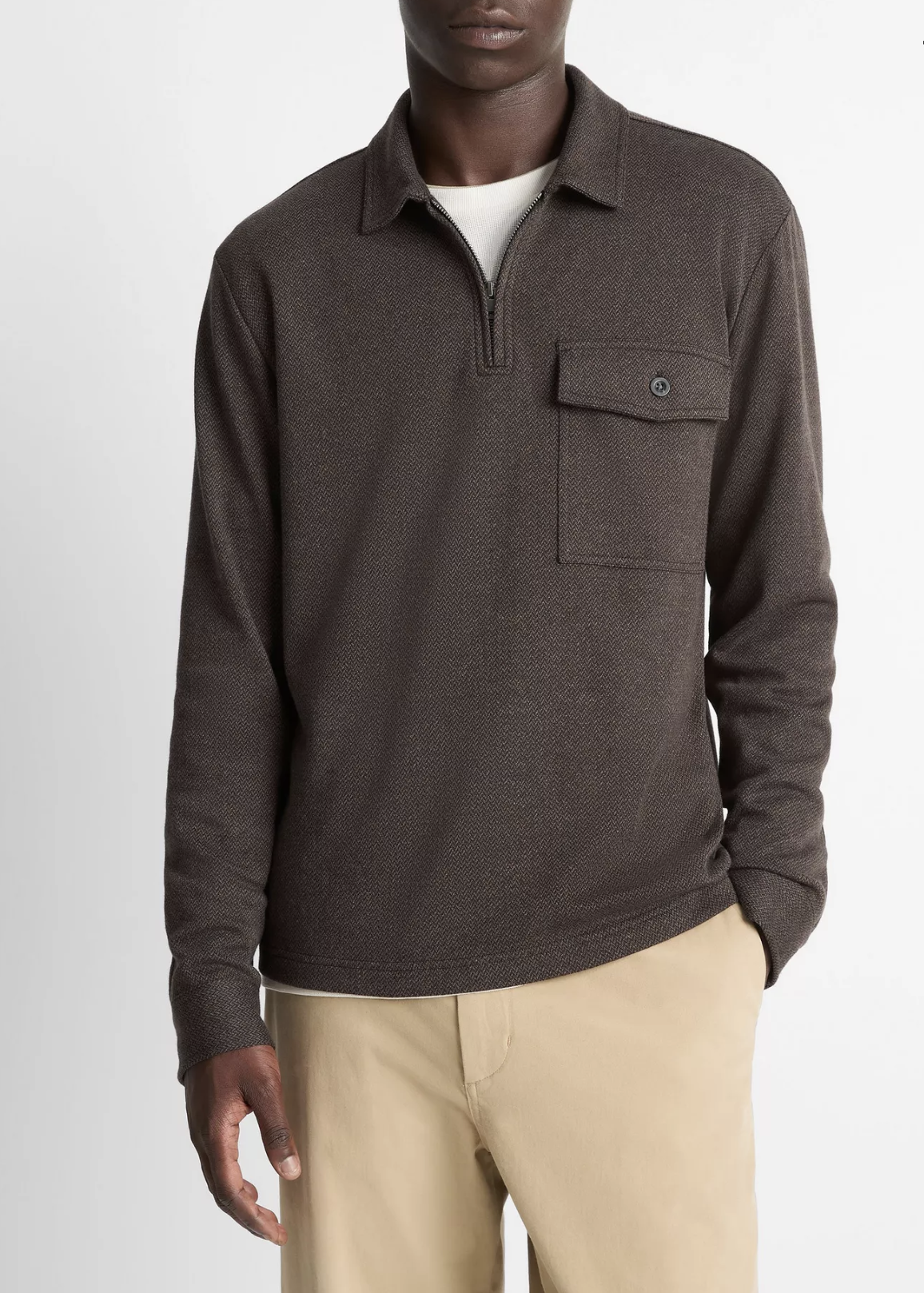 Vince Herringbone LS Zip Polo Dark Roast/Blk