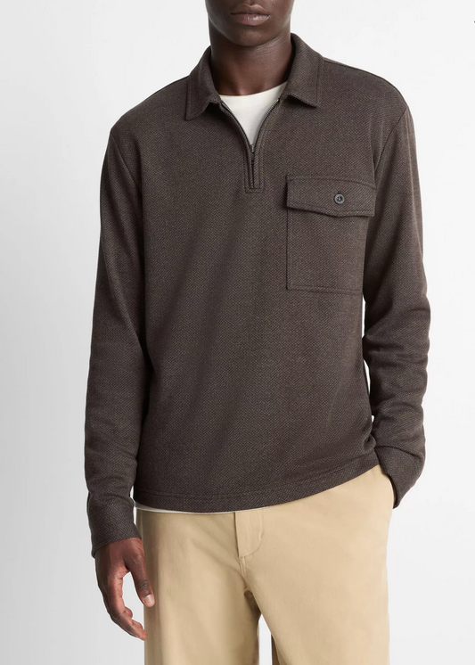 Vince Herringbone LS Zip Polo Dark Roast/Blk