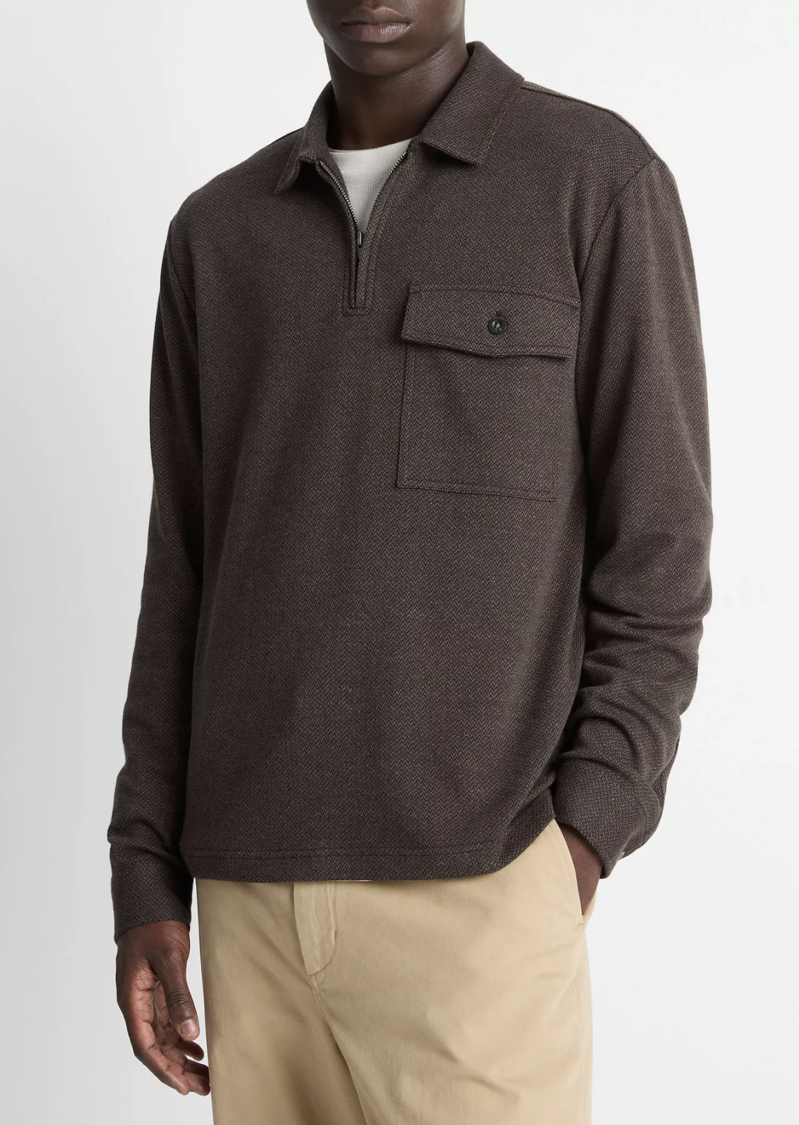 Vince Herringbone LS Zip Polo Dark Roast/Blk