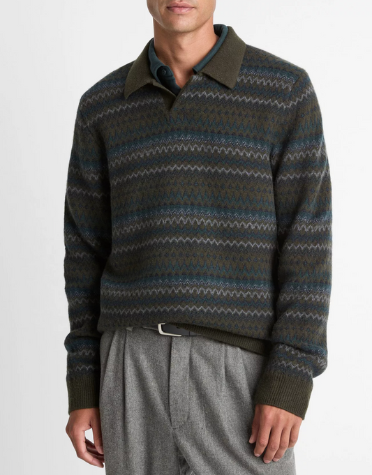 Vince Fair Isle Johnny Collar Dark Leaf Combo