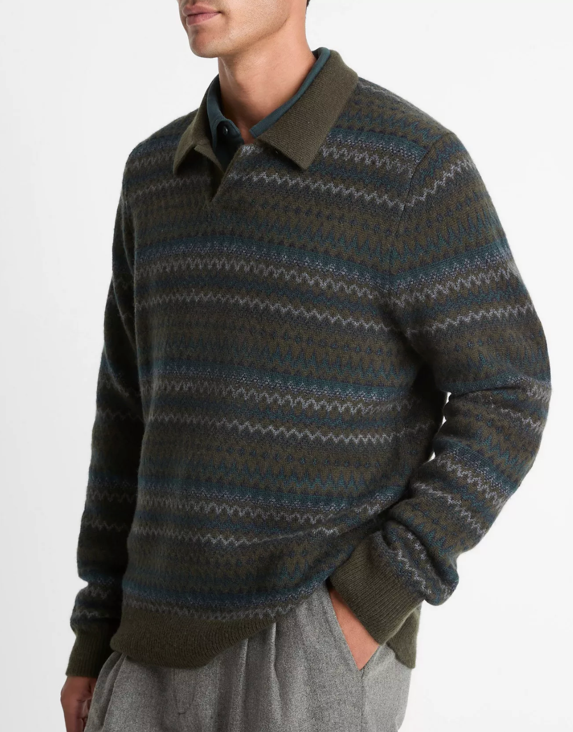 Vince Fair Isle Johnny Collar Dark Leaf Combo