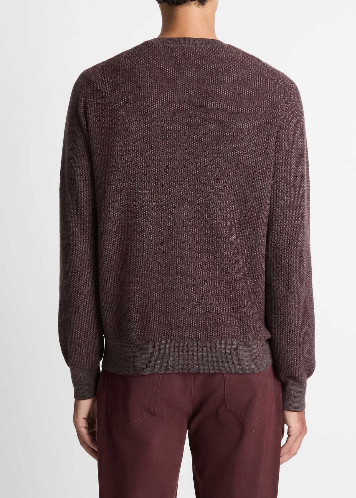 Vince men's long sleeve crew neck sweater with geometric jacquard pattern, shown from back view
