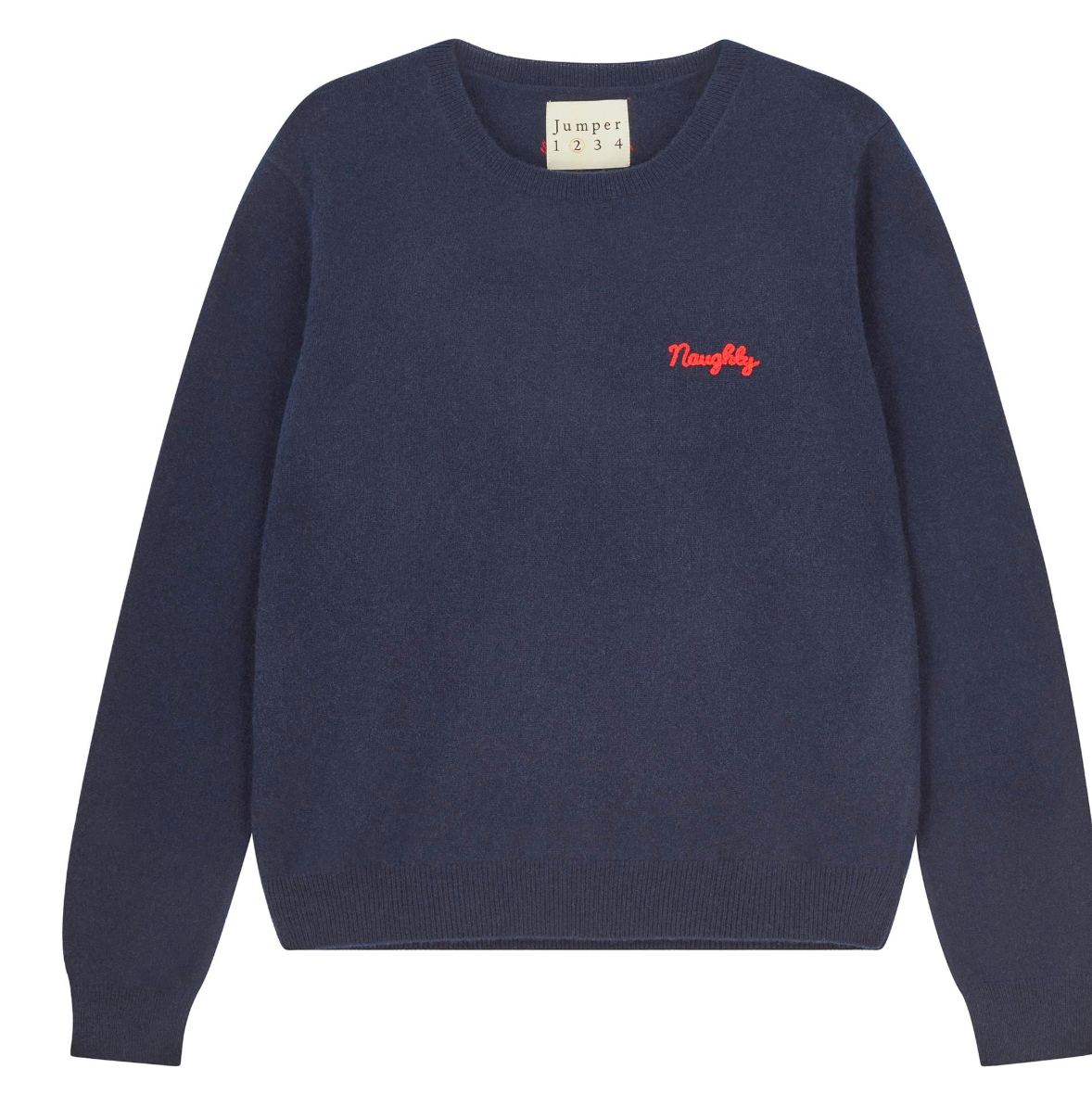 Navy blue crew neck sweater with red "Naughty" embroidered text on chest from Jumper 1234 brand.