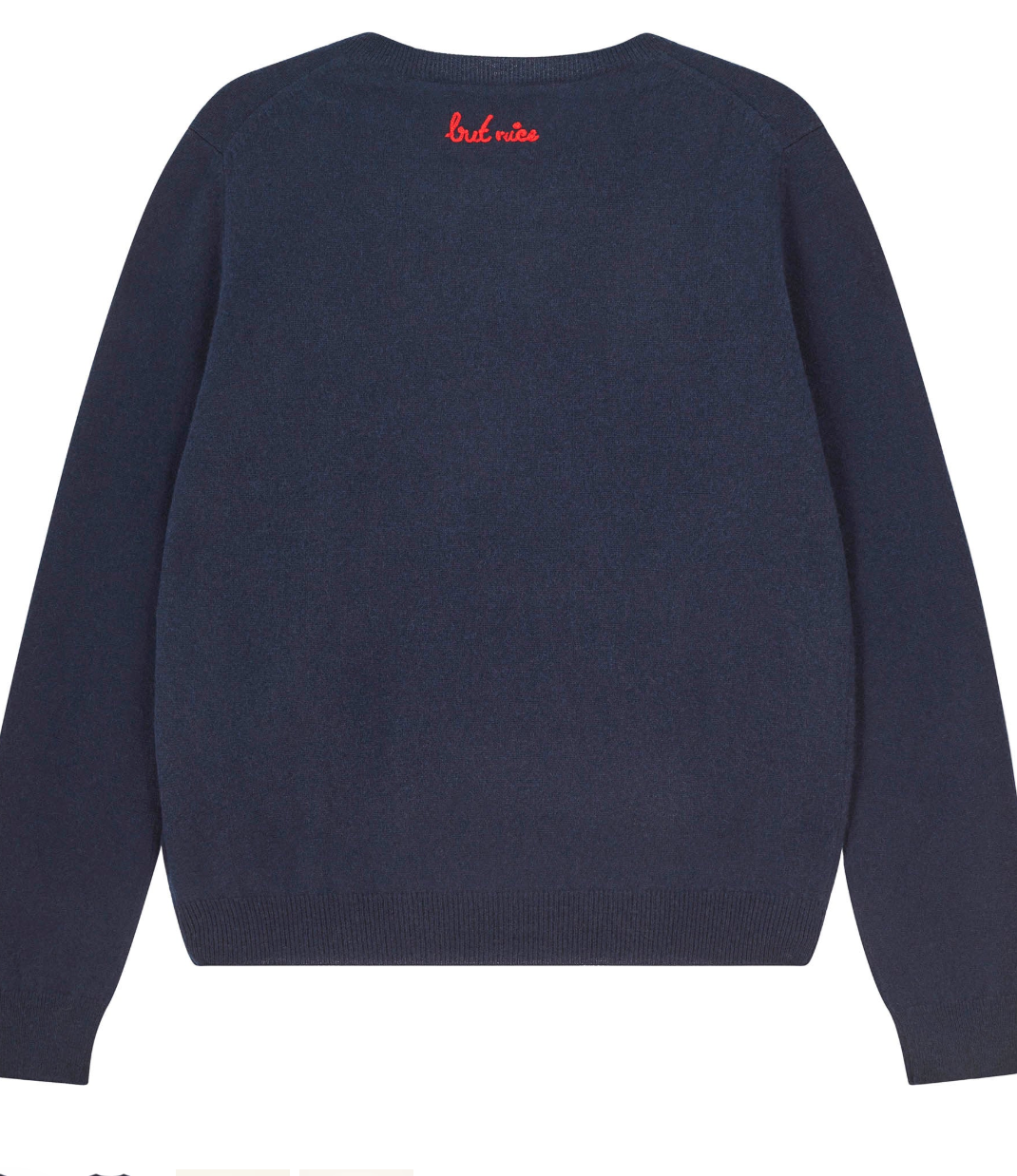 Navy blue crew neck jumper with red embroidered "bub nice" text at the back neckline, showing ribbed cuffs and hem.