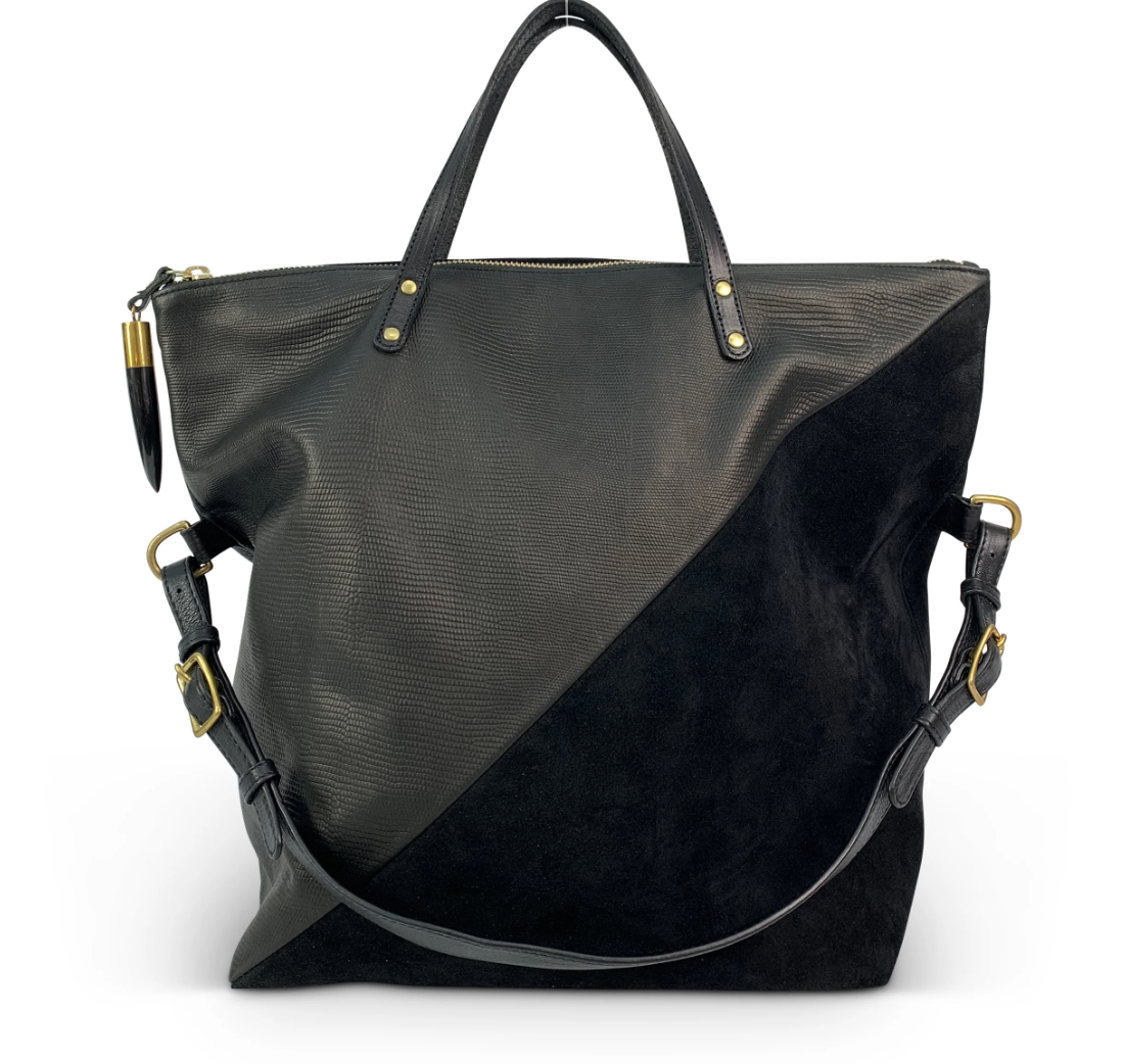 Kempton Black Petite Lizard Black Suede Morleight Foldover Tote