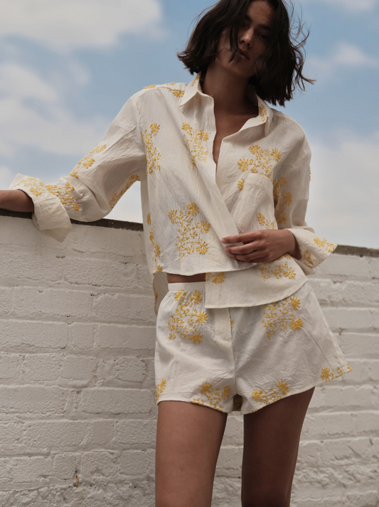 Cissa The Belle Natural Cotton Yellow Handstitch Blouse