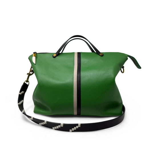 Kempton Bendz green leather holdall bag with black and cream racing stripes and patterned shoulder strap.
