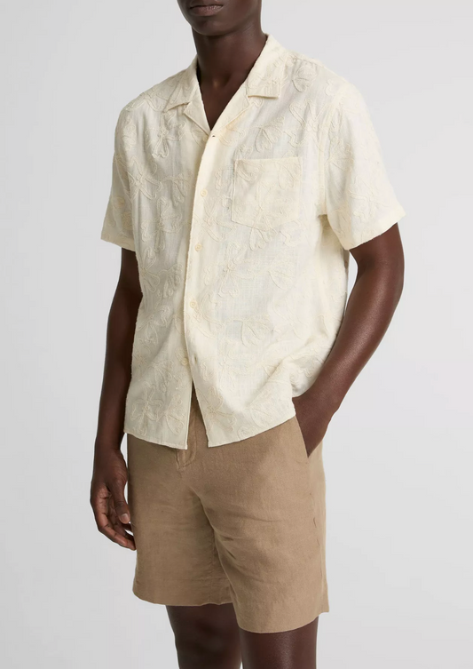 Vince Embroidered Floral SS Cabana Shirt Blanco