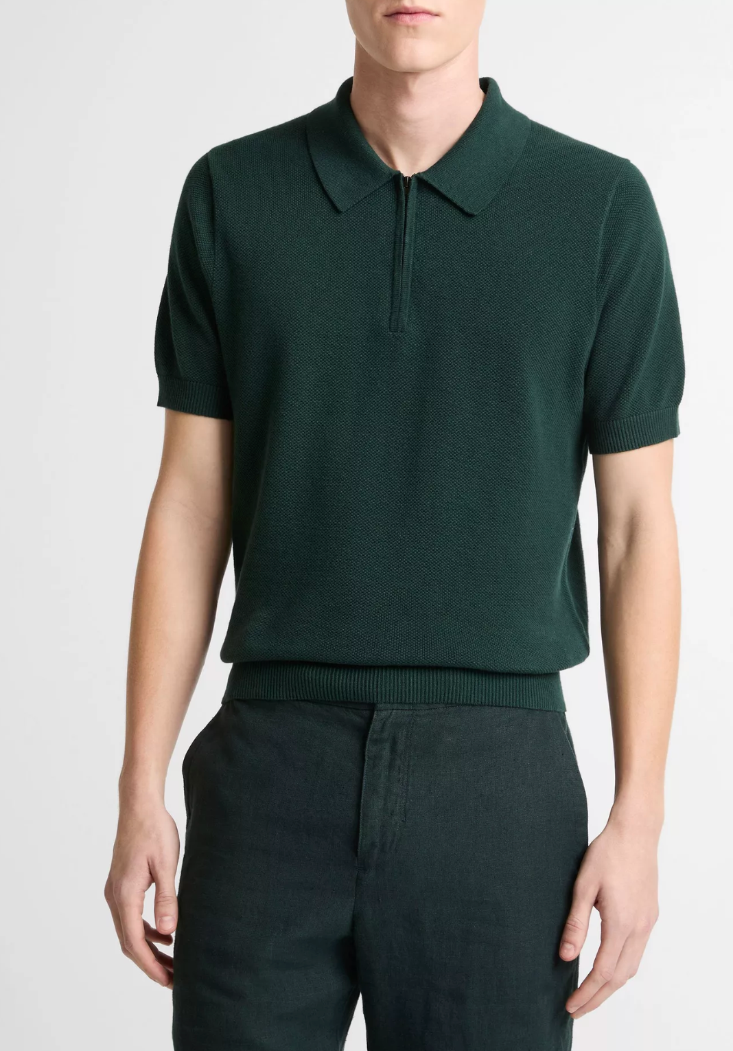 Vince men's short-sleeve green knit polo shirt with zip closure and ribbed collar and cuffs