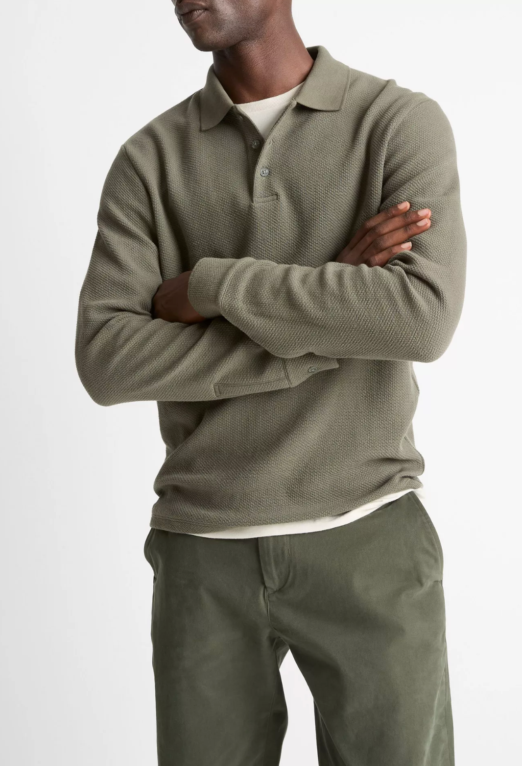Vince long-sleeve basket weave polo shirt with collar and button placket, styled with matching trousers.