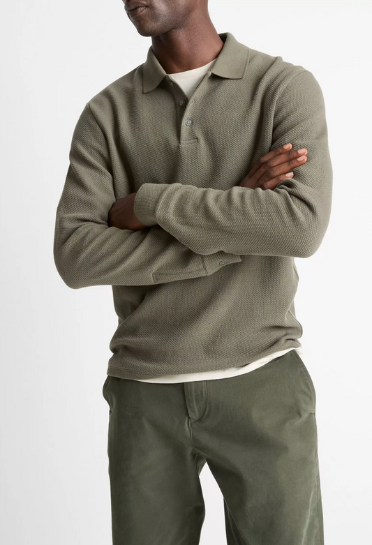 Vince long-sleeve basket weave polo shirt with collar and button placket, styled with matching trousers.