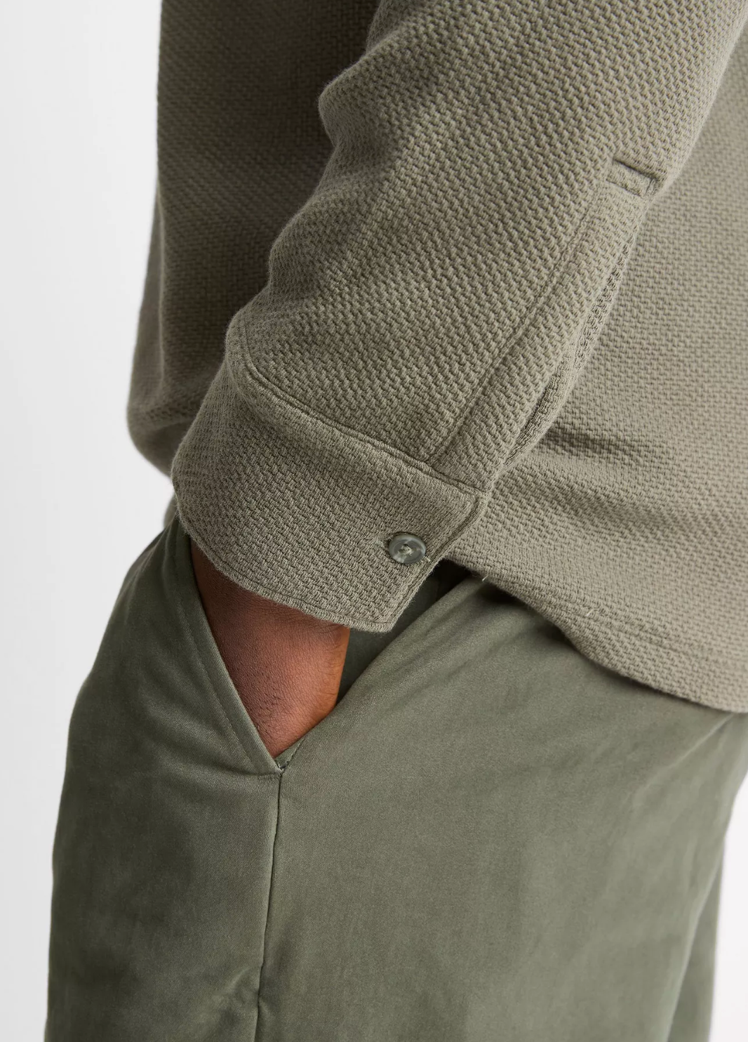 Vince Basket Weave long sleeve polo shirt showing textured knit fabric and ribbed cuff detail with button closure.